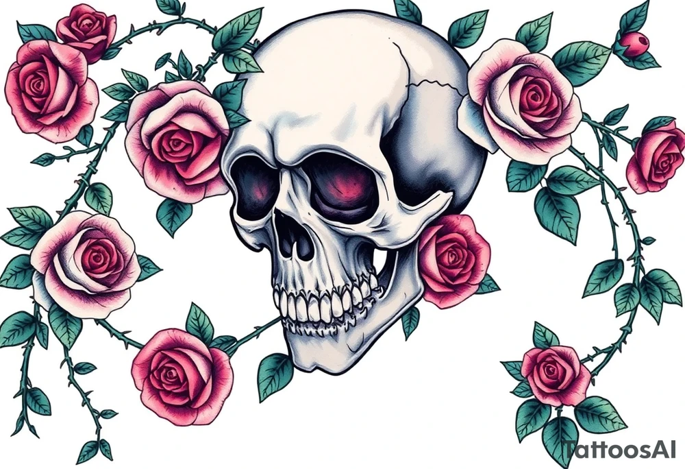 gothic skull intertwined with climbing roses and thorny vines tattoo idea