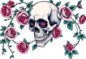 gothic skull intertwined with climbing roses and thorny vines tattoo idea