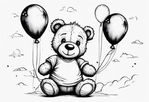 Scruffy teddy bear holding on to balloons and wearing a T-shirt going up to the sky tattoo idea