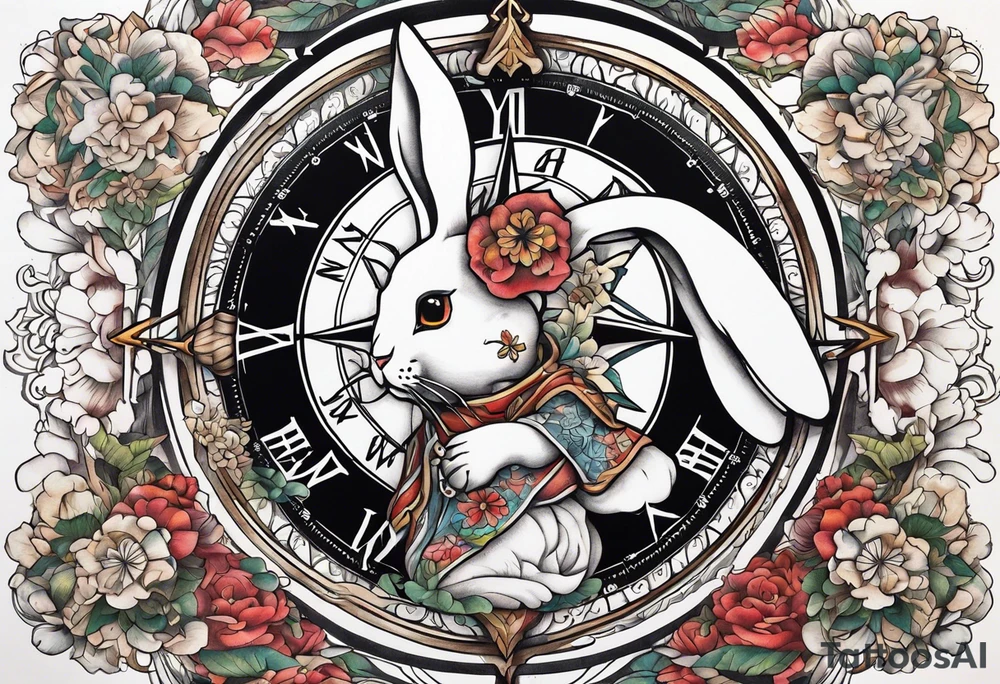 Compass wonderland skeleton white rabbit tattoo idea