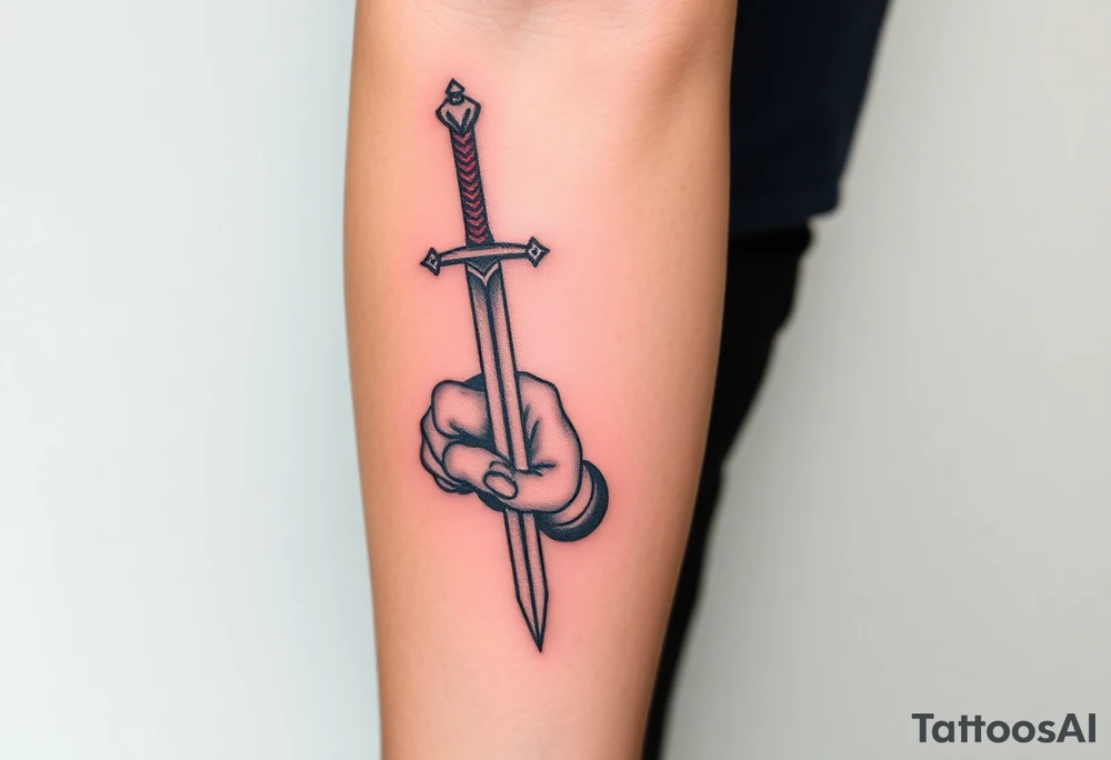 Themis tattoo, bold lines, powerful expression, vivid color, with sword in hand tattoo idea