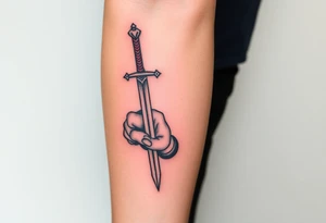 Themis tattoo, bold lines, powerful expression, vivid color, with sword in hand tattoo idea