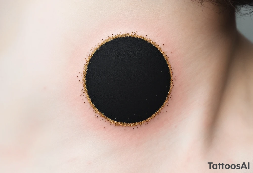 A solid black circle surrounded by a thin halo of gold dust speckles. tattoo idea