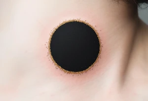 A solid black circle surrounded by a thin halo of gold dust speckles. tattoo idea