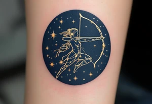 A celestial archer silhouette filled with a golden Sagittarius constellation on a background of deep navy blue. tattoo idea