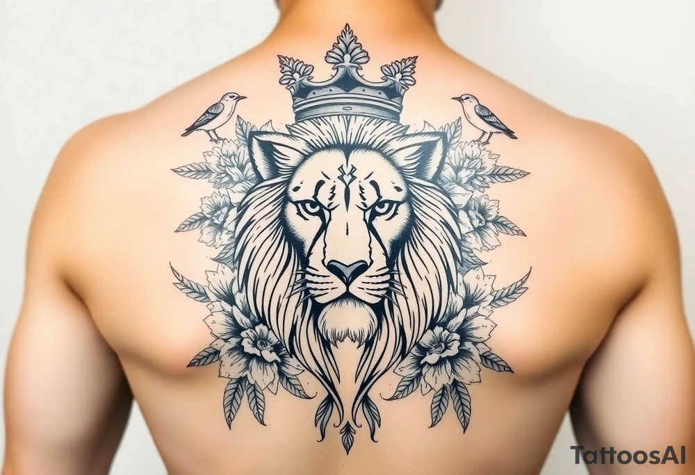 powerful majestic lion with a crown, surrounded by floral ornaments and birds tattoo idea
