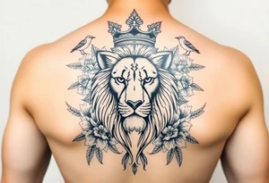 powerful majestic lion with a crown, surrounded by floral ornaments and birds tattoo idea