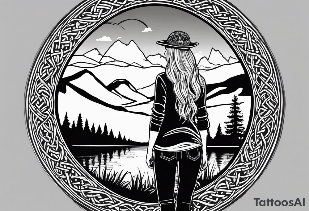Whole picture encircled fully

Straight long blonde hair hippie girl in distance holding mushrooms in hand facing away toward mountains and creek surrounded by mushrooms long sleeve shirt and hiking pants; whole rendering within a full celtic circle border, no cut off circle tattoo idea