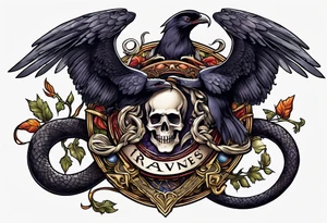 A snake eating its own tail with a sword going through the middle and two ravens eating worms tattoo idea