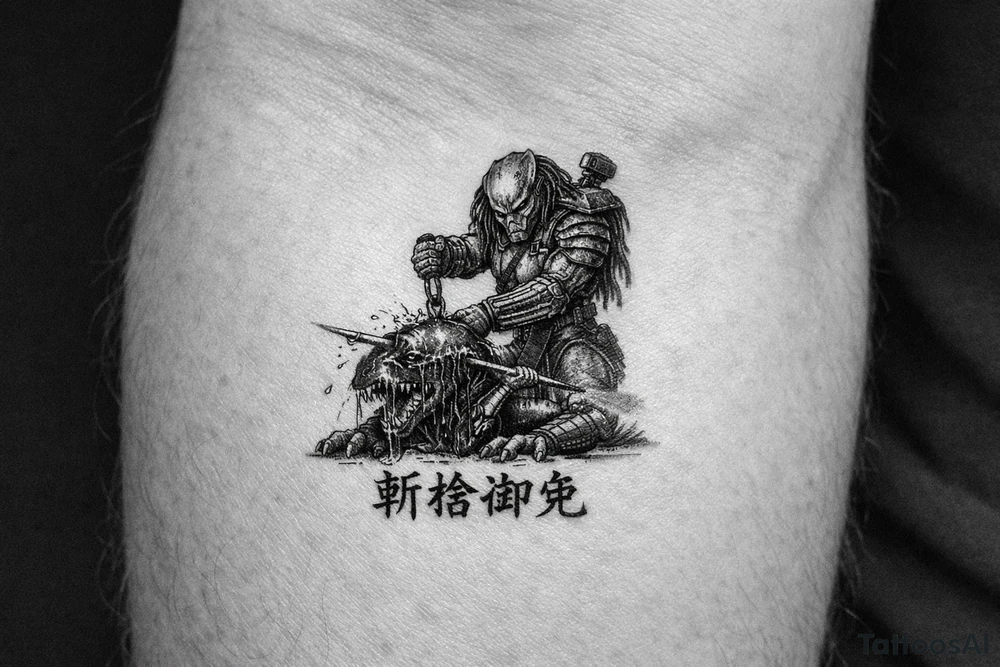 predator killing alien, alien is crawling from the ground. Predator stands up tall, driving his spear with his right hand through the xenomorphs big head with acid coming down, the spear is visible at the other side of the penetration. The predator's left shoulder has its laser gun pointed down. the Left forerarm has its famous doubled blade out. Below the image the japanese inscription for kirisute gomen tattoo idea