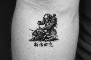 predator killing alien, alien is crawling from the ground. Predator stands up tall, driving his spear with his right hand through the xenomorphs big head with acid coming down, the spear is visible at the other side of the penetration. The predator's left shoulder has its laser gun pointed down. the Left forerarm has its famous doubled blade out. Below the image the japanese inscription for kirisute gomen tattoo idea