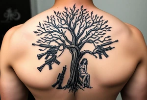burning tree of life with firearms scattered and nude woman tattoo idea