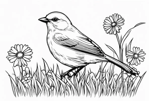 Little bird outline perched in a field of grass and daisys tattoo idea