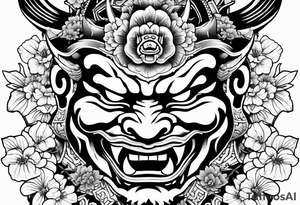Oni mask with a background of Japanese temples and cherry blossoms tattoo idea