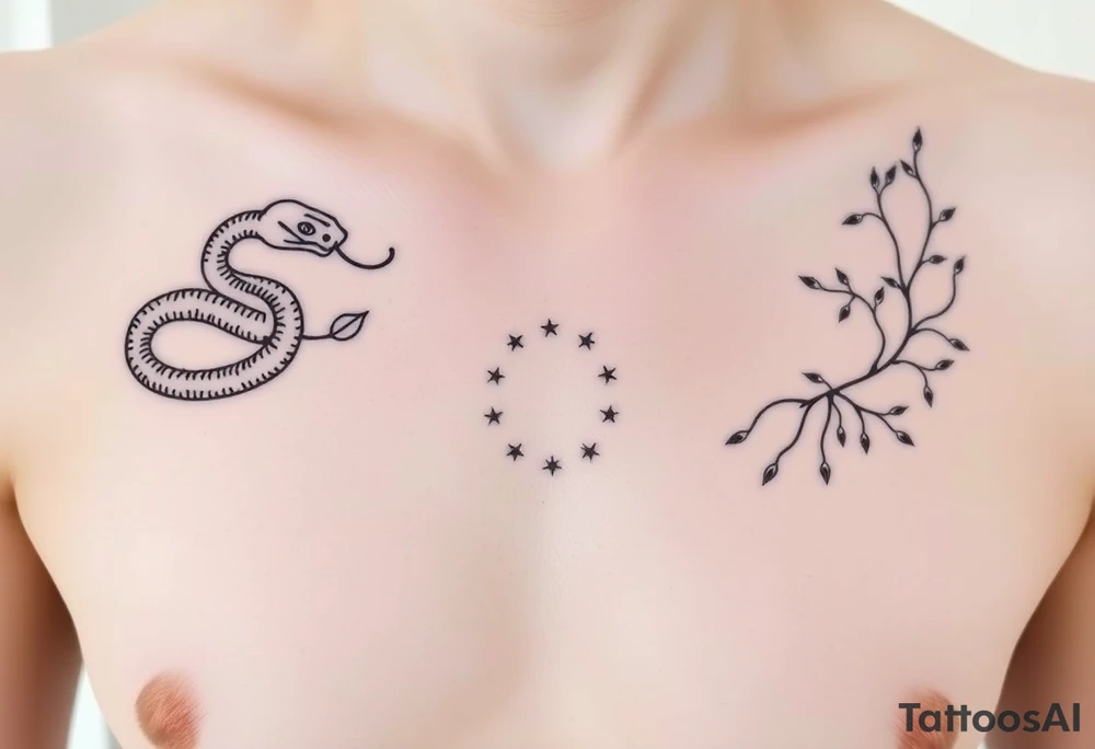 "Design a symbolic, artistic black-ink chest tattoo that spans both collarbones. On the left collarbone, depict a snake gracefully wrapped and coiled around the bone, its head resting near the center of the chest. From the snake’s mouth, instead of venom, delicate leaves are flowing outward — symbolizing letting go, surrender, and release. In the center of the chest, where the sternum lies, include subtle symbolic elements representing trust in the universe — like stars, a tiny spiral, or a soft sunburst — signifying alignment and faith. On the right collarbone, continue the story: flowing lines or abstract shapes that radiate resilience, strength, and hope — suggesting a journey or upward growth, like branches or a phoenix rising. The style should be elegant, fine-line, and minimalistic, yet deeply artistic and symbolic. The design should blend with the natural shape of the collarbones and sternum, evoking quiet power and inner transformation. Light skin tone, soft natural lighting." tattoo idea