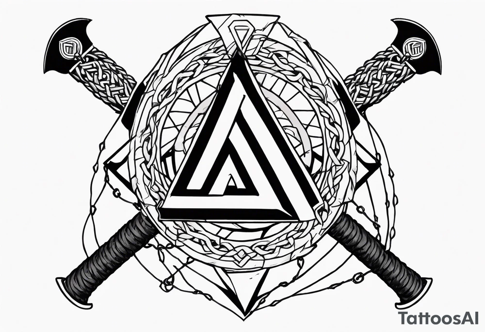 Valhalla sword shield axe barbed wire chains valknut tattoo idea