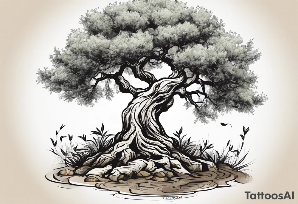 And olive tree with exposed roots, writing out “patience” in Korean, next to a tree stump with exposed rings, and a small Poppy flower growing out of the ground tattoo idea