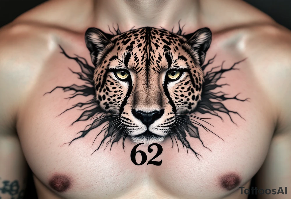 realistic cheetah with the number 62 on the chest tattoo idea