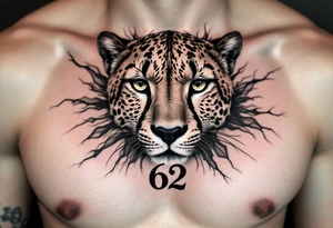 realistic cheetah with the number 62 on the chest tattoo idea