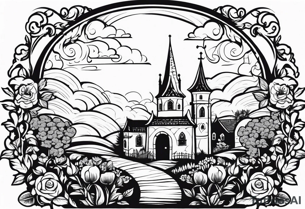 sacred medieval town houses open gate towers garden circle vignette surrounded by clouds floral tattoo idea