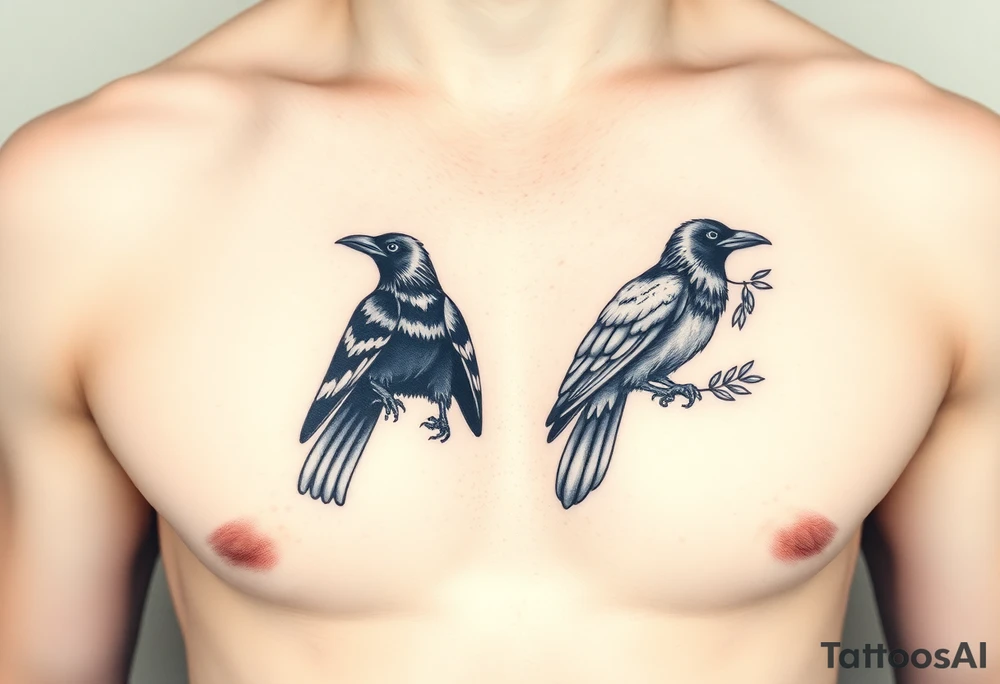 a crow holding a torch in its beak and a crow holding an olive tree in its beak tattoo idea