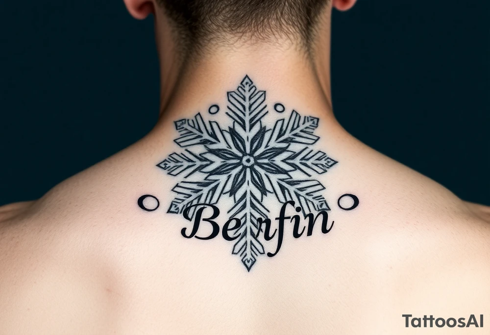 A white snowflake on Blue backround and the name „Berfin“ in it tattoo idea