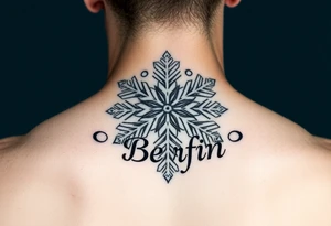 A white snowflake on Blue backround and the name „Berfin“ in it tattoo idea
