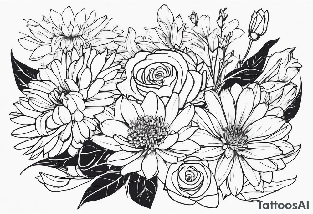 Asters, roses, lily, and chrysanthemums in a stretched line tattoo idea