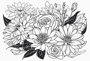 Asters, roses, lily, and chrysanthemums in a stretched line tattoo idea