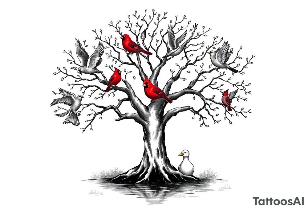 Tree of life with five flying birds two red cardinals sitting on the tree and a duck in a pond tattoo idea