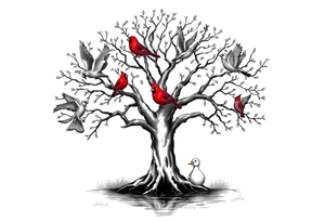 Tree of life with five flying birds two red cardinals sitting on the tree and a duck in a pond tattoo idea