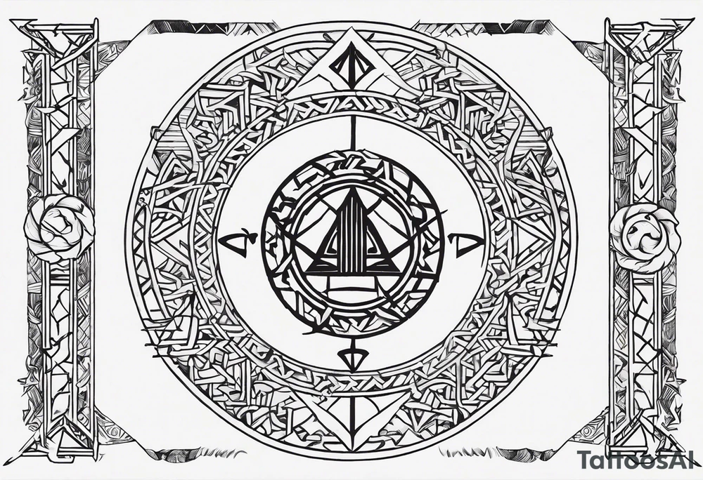 Thin line of a Nordic chain that surrounds the forearm composed by Yggdrasil, Valknut, Uruz (ᚢ), Raido (ᚱ), Gebo (ᚷ), Perthro (ᛈ), Elhaz (ᛉ), Laguz (ᛚ) and Odin’s Ravens. tattoo idea