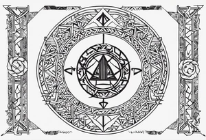 Thin line of a Nordic chain that surrounds the forearm composed by Yggdrasil, Valknut, Uruz (ᚢ), Raido (ᚱ), Gebo (ᚷ), Perthro (ᛈ), Elhaz (ᛉ), Laguz (ᛚ) and Odin’s Ravens. tattoo idea