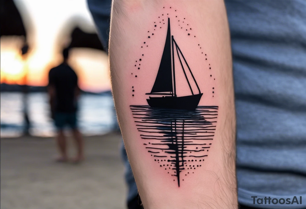 This is an extremely simple and minimalistic tattoo on male forearm. The tattoo covers the forearm lengthwise and is not tall or round. From the perspective of being on the ocean, Water is calm, with no waves in sight, the sun is setting behind the ocean, reflecting light onto the ocean. tattoo idea