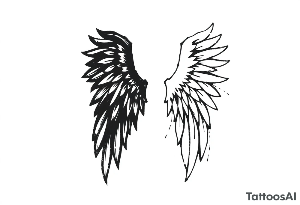 This tattoo design features a pair of asymmetrical angel wings drawn in black ink with a rough, sketch-like style. The left wing is darker, more defined, and appears denser, while the right wing is lighter, more delicate, and fragmented, creating a contrast between the two. The feathers are sharp and irregular, with fine lines and stray strokes extending outward, adding a raw and artistic feel. The overall look is dynamic and slightly chaotic, giving the impression of movement or an unfinished, ethereal form. This design symbolizes duality, freedom, transformation, or even struggle, making it a meaningful and visually striking tattoo. tattoo idea