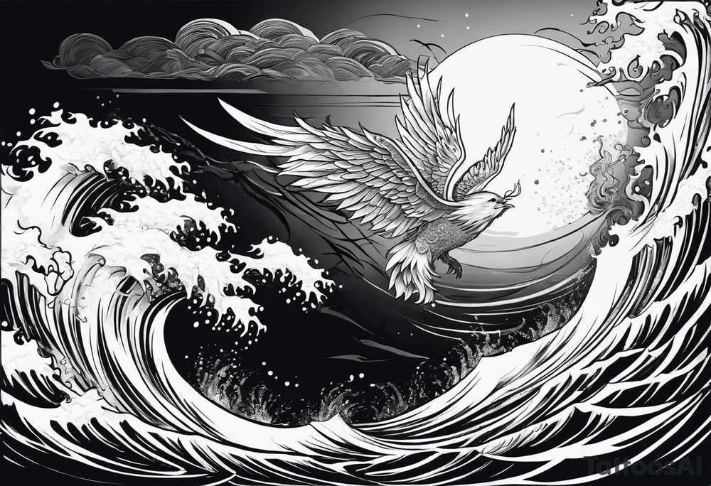 A falling angel in the sea with the sun and all related to an asiatic culture and the anime Tokyo Ghoul tattoo idea