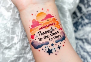 Inked in a burning gradient from red to orange, the quote "Through Hardships To the Stars" rises over storm clouds into twinkling silver stars. tattoo idea