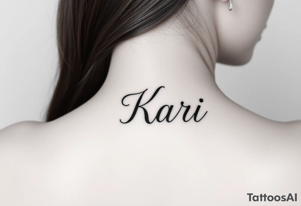 The word “Kari” going up and down directionally on side of face by sideburns tattoo idea