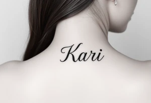 The word “Kari” going up and down directionally on side of face by sideburns tattoo idea