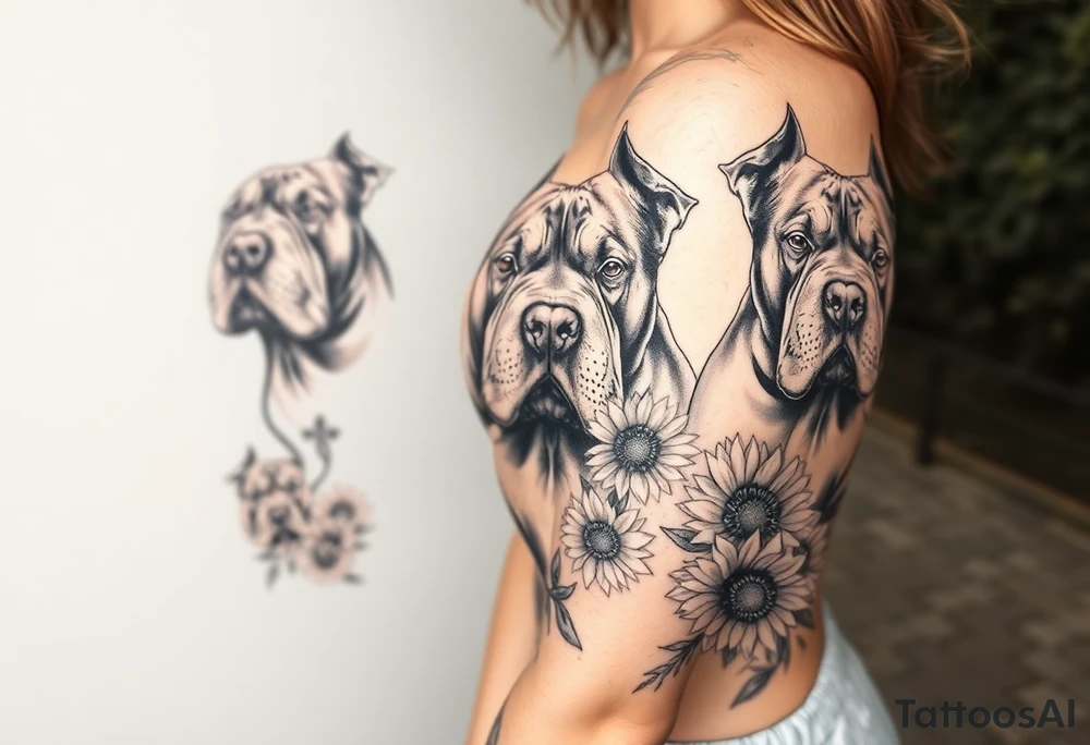 Multiple very thick muscled up pitbulls' portraits fading into the background as filler incorporate sunflowers, an old road made from pavers tattoo idea