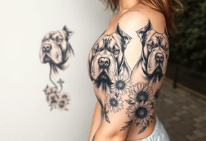 Multiple very thick muscled up pitbulls' portraits fading into the background as filler incorporate sunflowers, an old road made from pavers tattoo idea