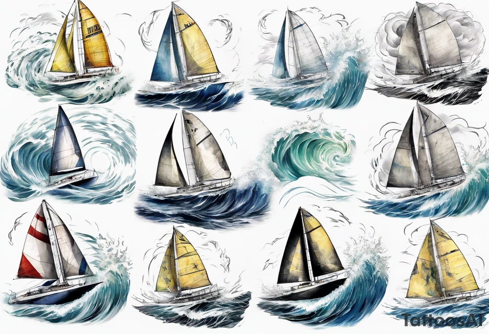 Sailing Catamaran in Rough weather and waves tattoo idea