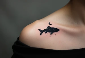 Night Catfish Silhouette – A quiet and mysterious tattoo featuring a black silhouette of a catfish under a crescent moon, with stars reflected in a rippling water surface. tattoo idea