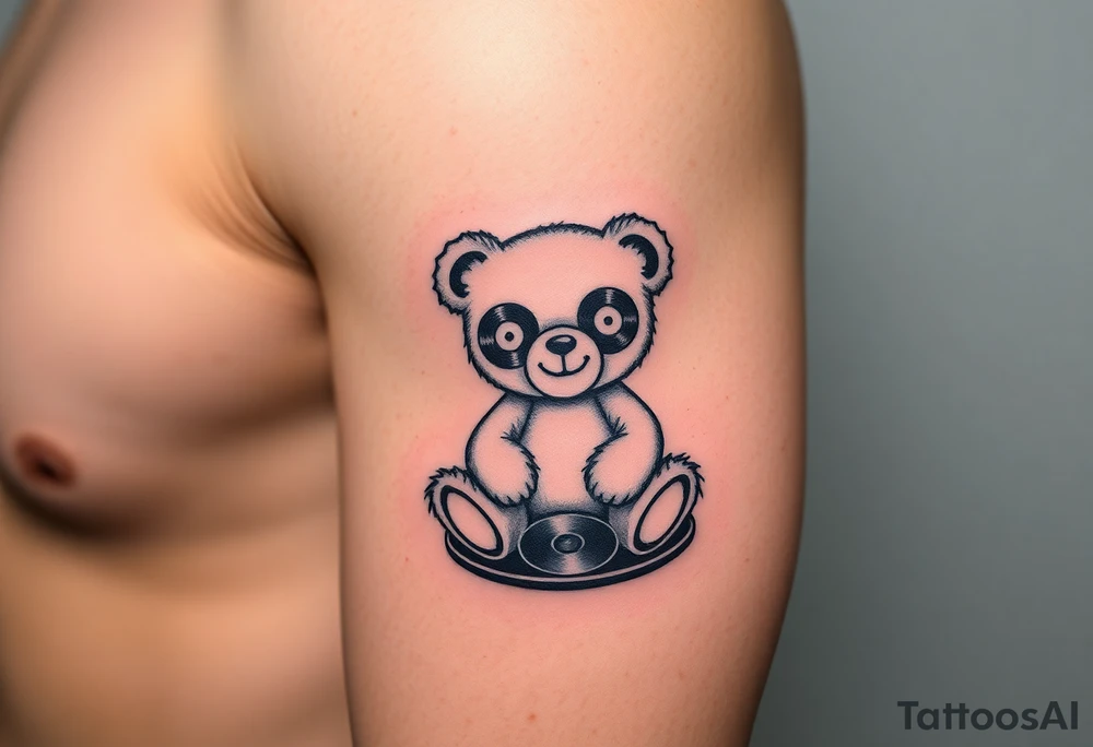 minimalist teddy bear with vinyl records as eyes smiling and sitting on a record tattoo idea