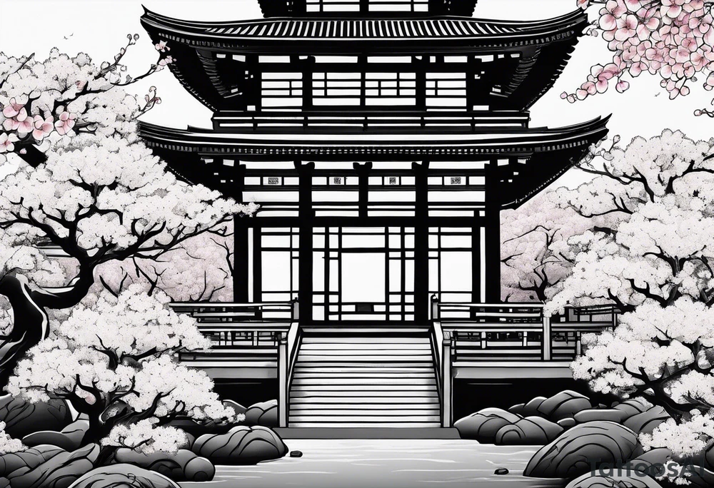 Japanese temple with cherry blossom leaves surrounding tattoo idea