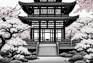 Japanese temple with cherry blossom leaves surrounding tattoo idea