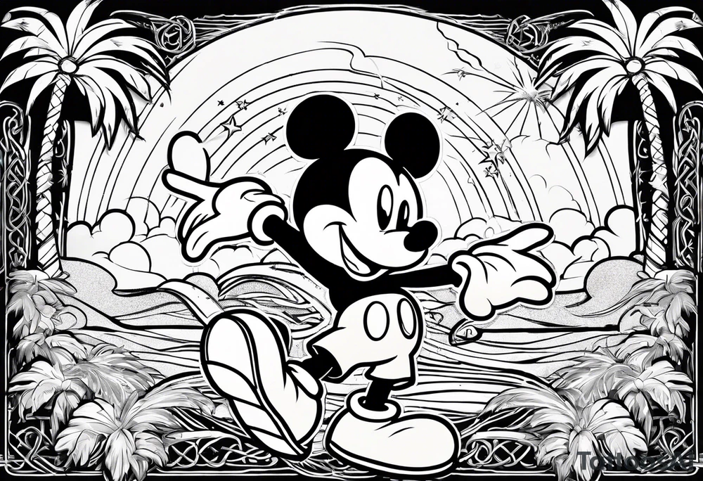 mickey mouse in a lightning storm with palm trees and the celtic symbol for family tattoo idea