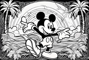 mickey mouse in a lightning storm with palm trees and the celtic symbol for family tattoo idea
