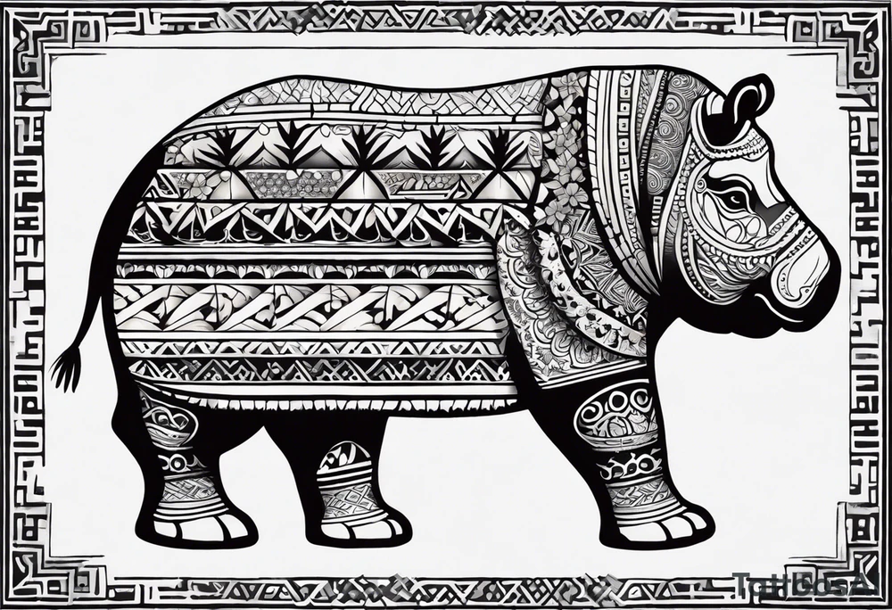 A foot long 2.5inches wide tattoo, containing a detailed hippo headwith tribal patterns in the middle, a full moon on the upper side, and some wintersweet flowwer on the bottom side, these three components are connected with arches, lines, little geometric patterns, the lines will ne fine and narrow tattoo idea