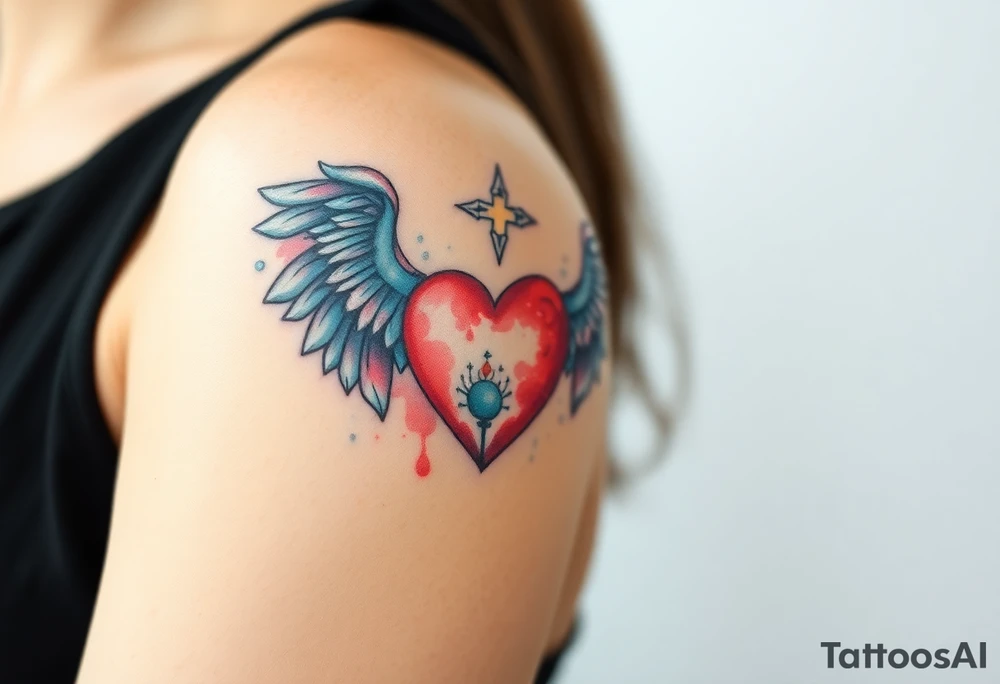 dainty catholic sacred heart with angel wings tattoo idea